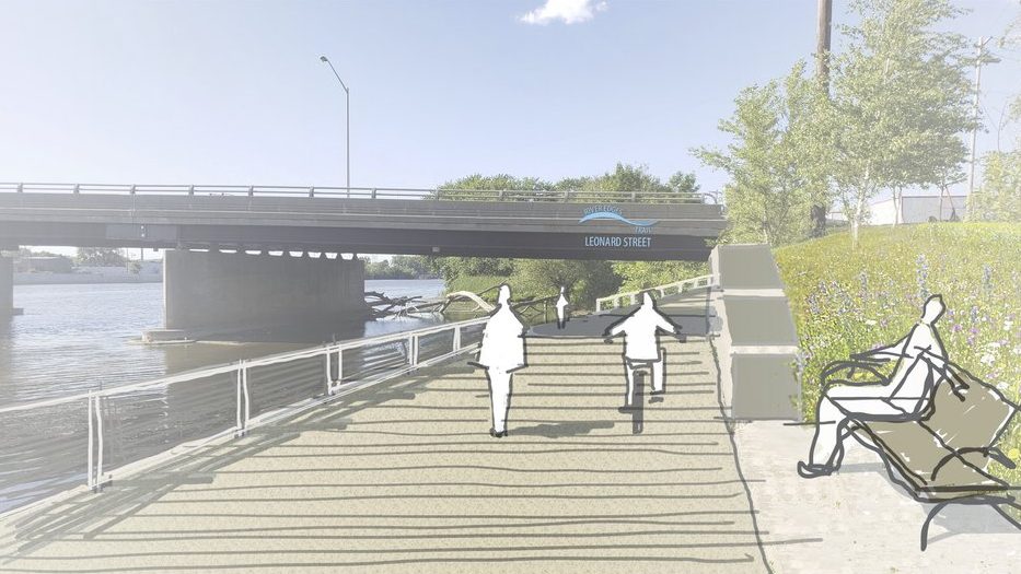 Illustrated riverside walkway with people near Leonard Street bridge, featuring lush green scenery and a bench.