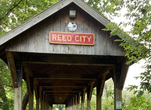 Covered wooden bridge in Reed City surrounded by lush green trees.