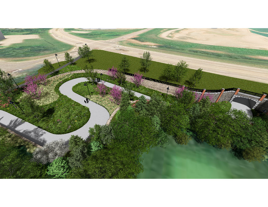 Scenic park design with winding paths, lush greenery, and vibrant flowers enhancing the landscape.