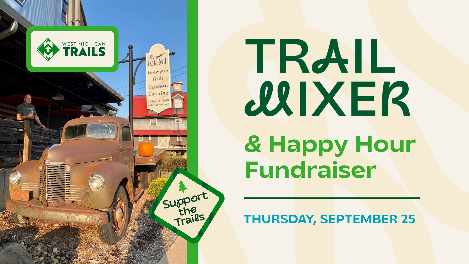 Trail Mixer fundraiser event at Old Mill, featuring vintage truck, hosted by West Michigan Trails on September 25.