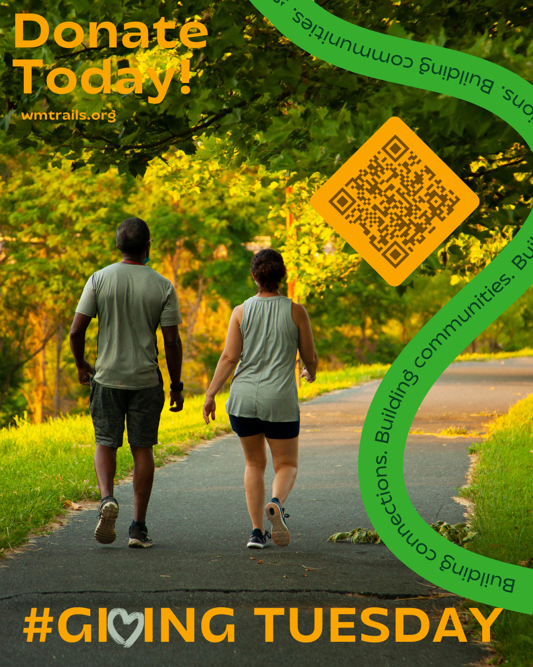 Couple walking on a park trail for a Giving Tuesday campaign encouraging donations to wmtrails.org.