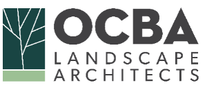 Logo of OCBA Landscape Architects with a stylized tree design on a green background.
