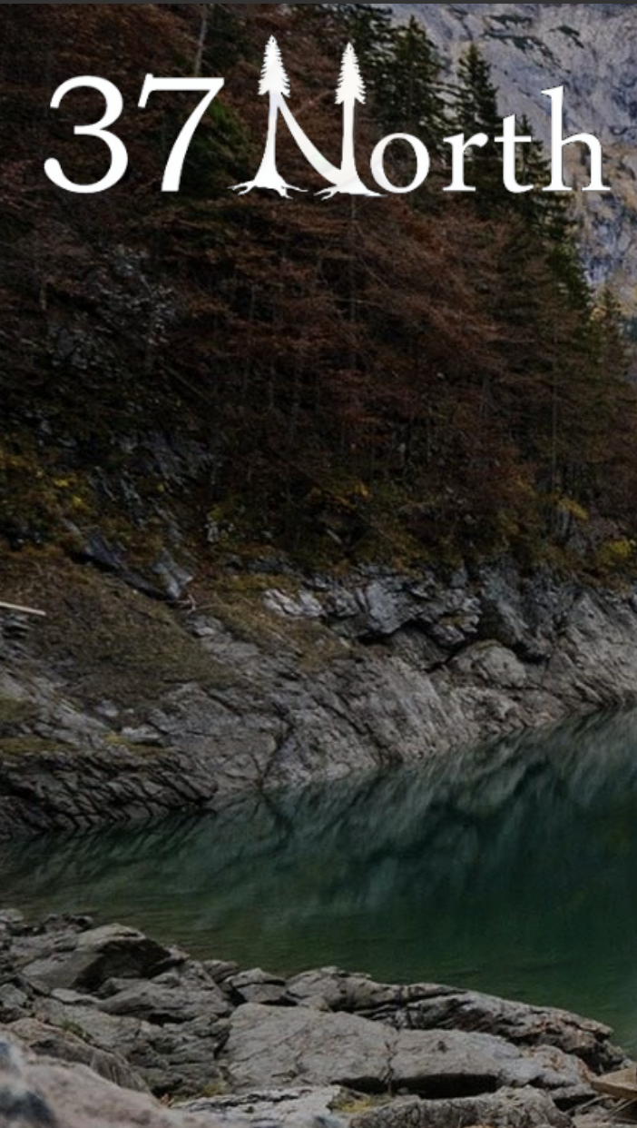 37 North logo over scenic rocky lake and forest landscape background.