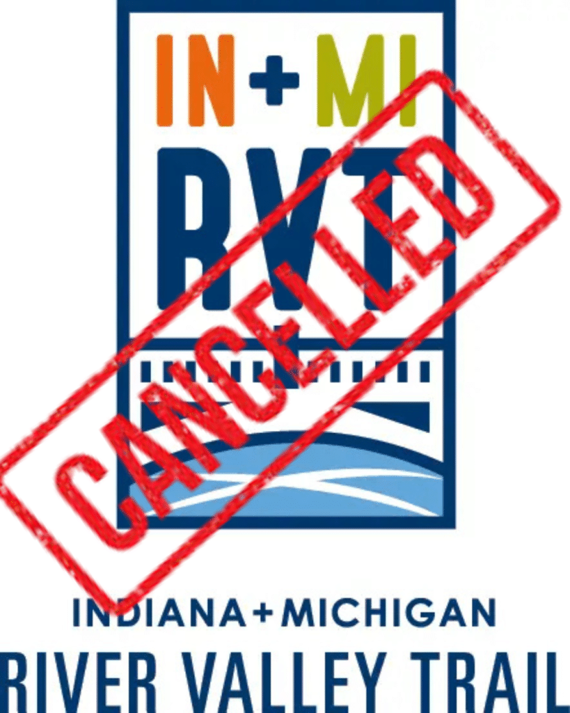 Cancelled Indiana-Michigan River Valley Trail event logo with red stamp overlay.