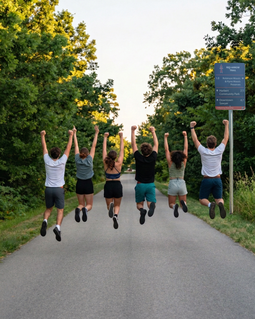 Group of six people jumping joyfully on a wooded trail under a clear sky.
