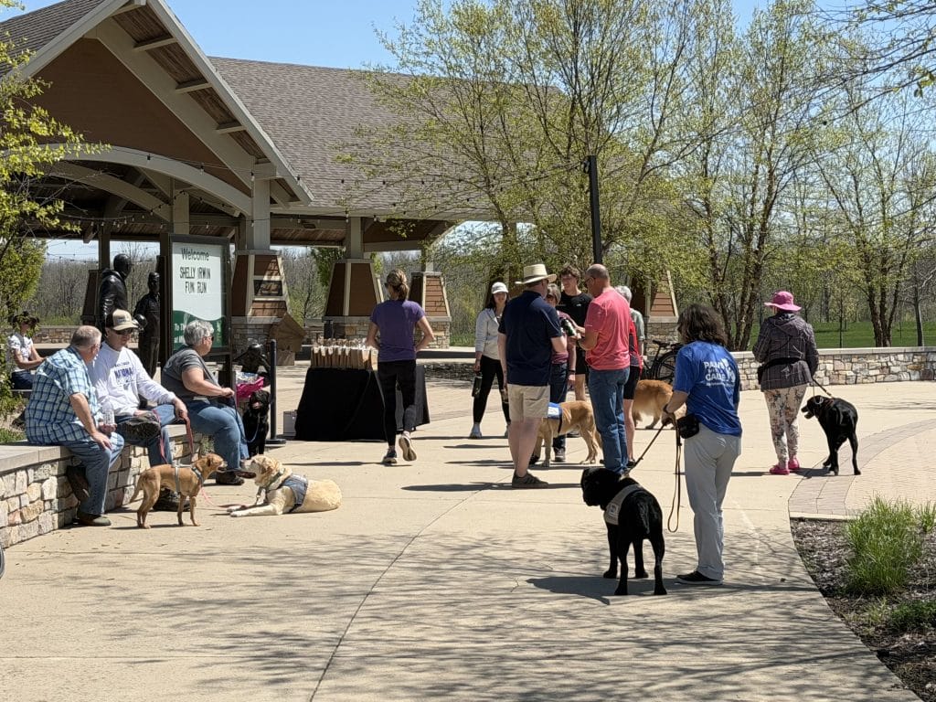 Community gathering at park pavilion with people and dogs during a sunny day event.
