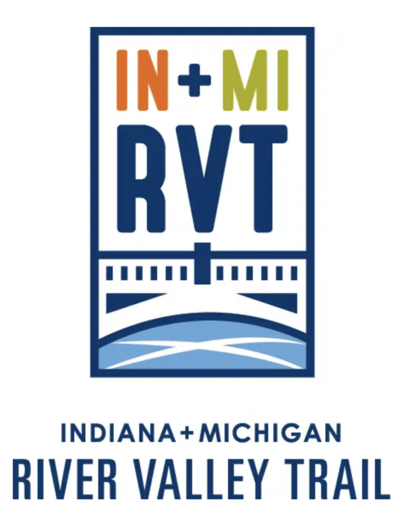 Logo of the Indiana-Michigan River Valley Trail featuring bridge and water elements, highlighting outdoor adventure.