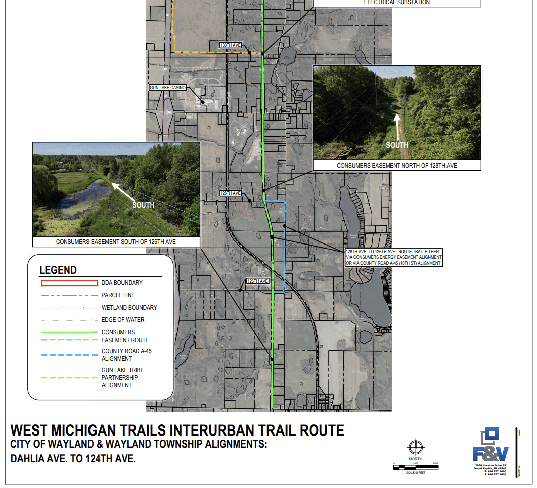 Map of West Michigan Trails Interurban Trail Route highlighting Wayland and Wayland Township alignments.