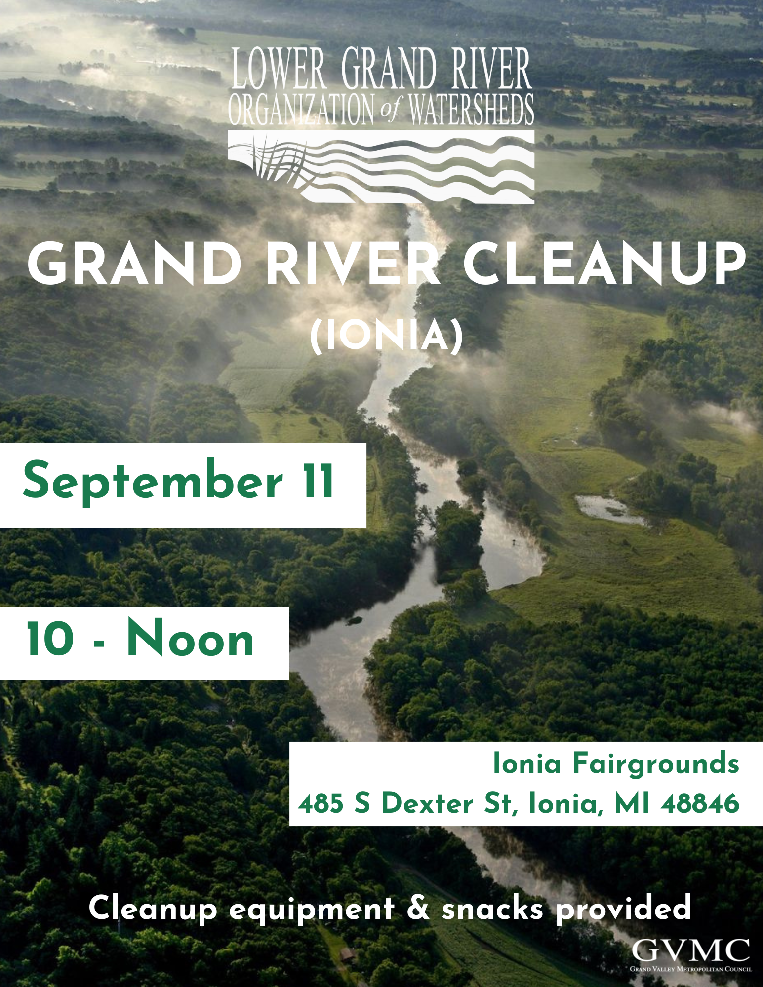 Aerial view promoting Grand River Cleanup event in Ionia on September 11, 10 AM - Noon, at Ionia Fairgrounds.