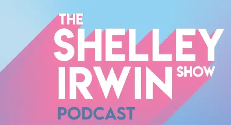 The Shelley Irwin Show Podcast logo with pastel colors, produced by WGVU Public Media.