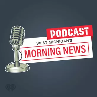 Podcast cover for West Michigan's Morning News with vintage microphone graphic.