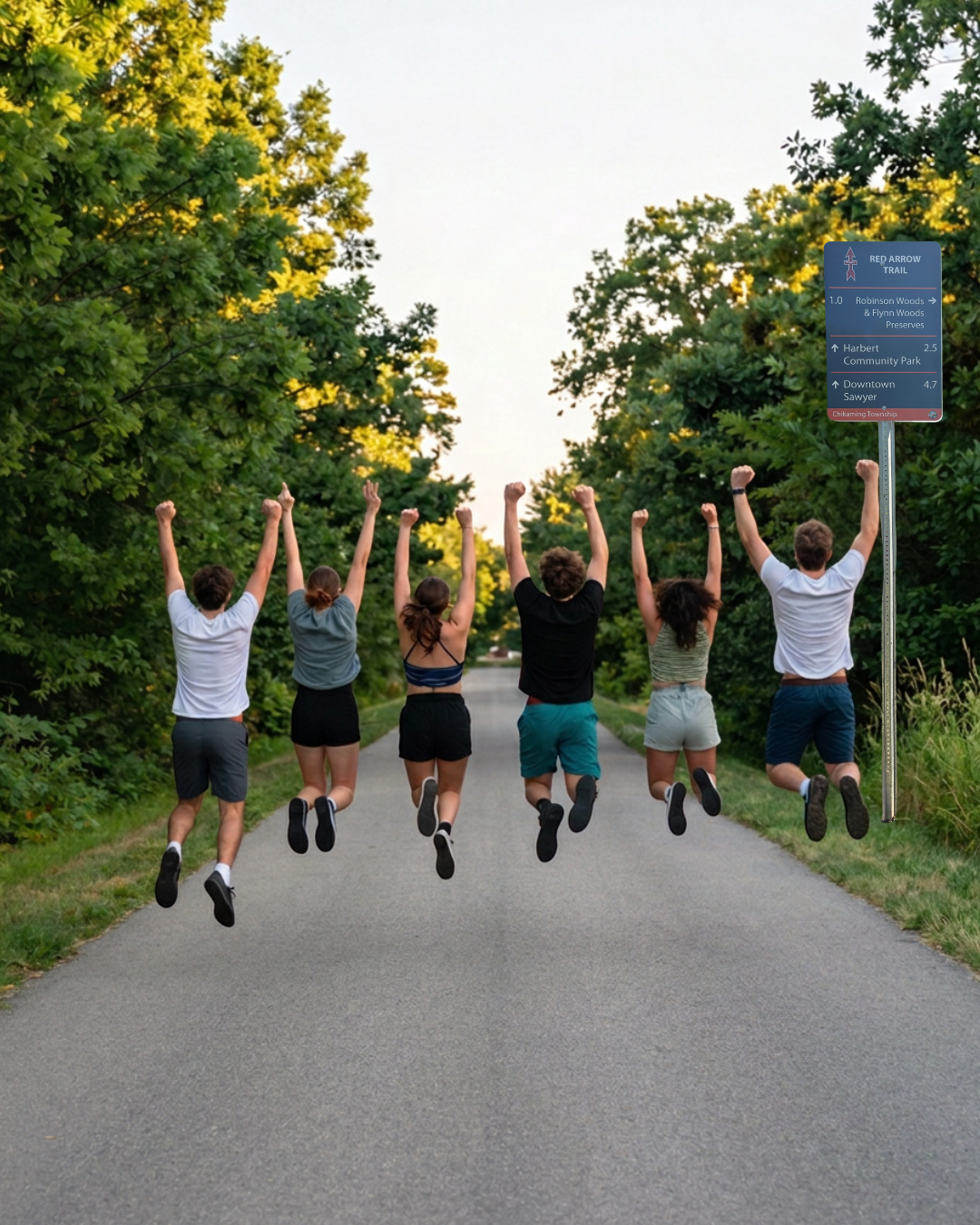 Group of six people jumping joyfully on a sunny trail surrounded by lush green trees and a directional sign.